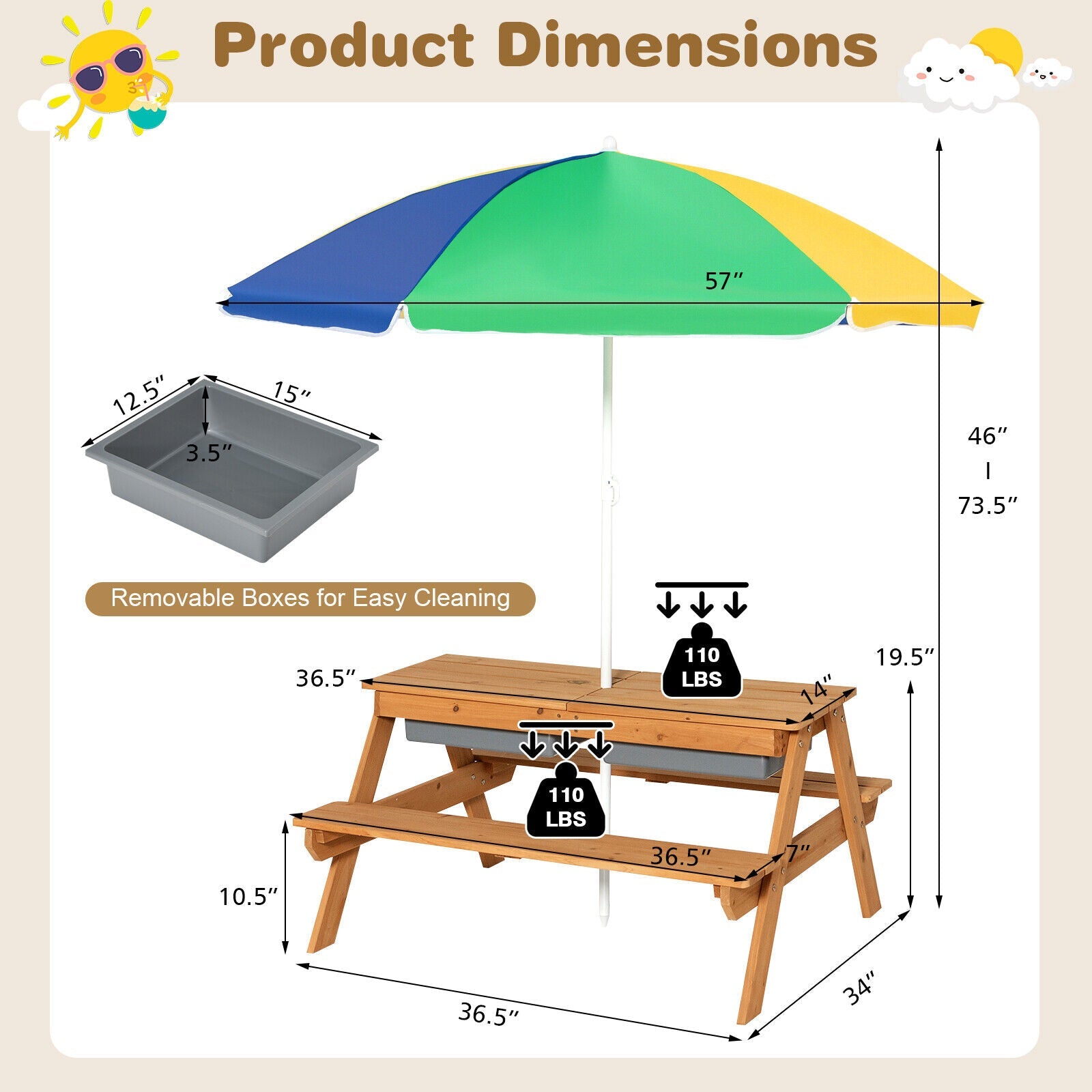 Kids Outdoor Picnic Water Sand Table Bench Set with Umbrella and Play Boxes