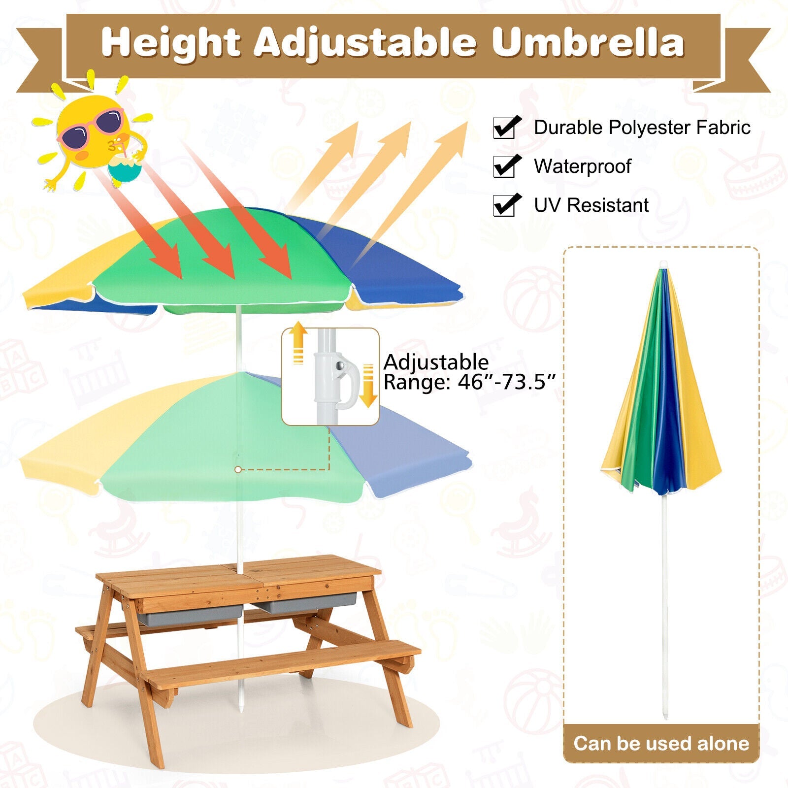 Kids Outdoor Picnic Water Sand Table Bench Set with Umbrella and Play Boxes