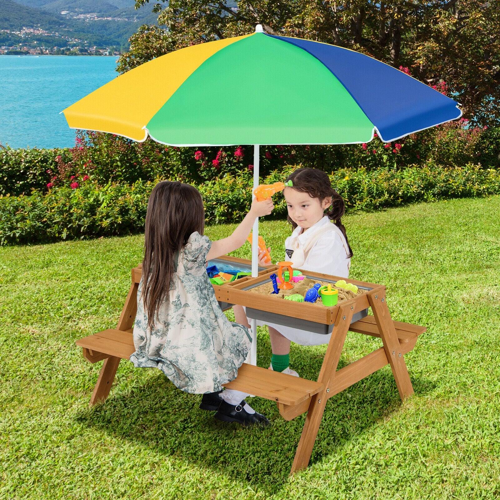 Kids Outdoor Picnic Water Sand Table Bench Set with Umbrella and Play Boxes