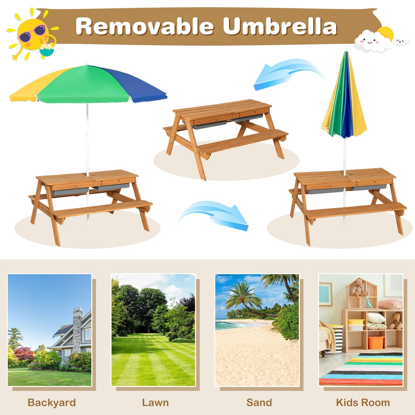 Kids Outdoor Picnic Water Sand Table Bench Set with Umbrella and Play Boxes