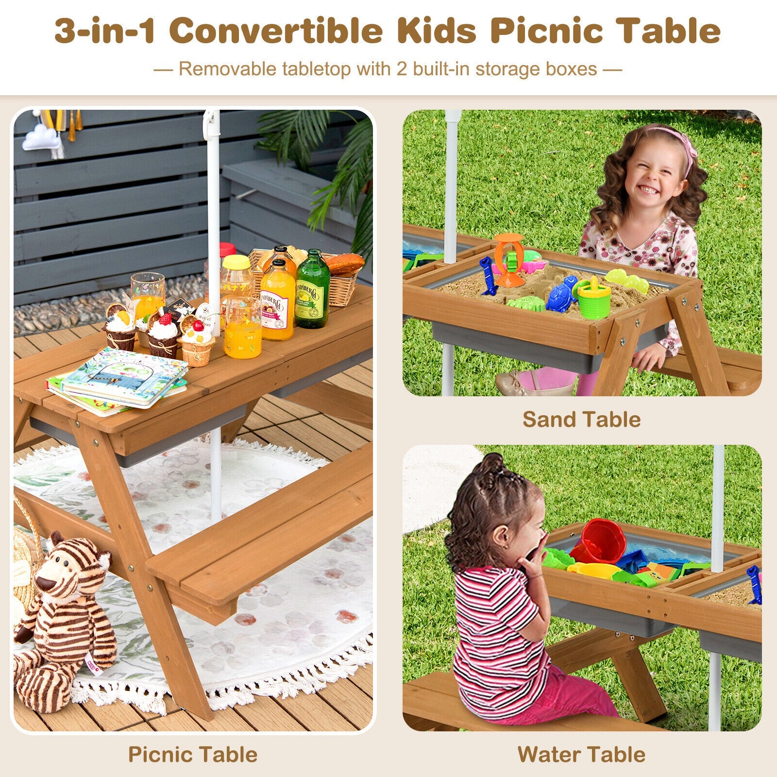 Kids Outdoor Picnic Water Sand Table Bench Set with Umbrella and Play Boxes