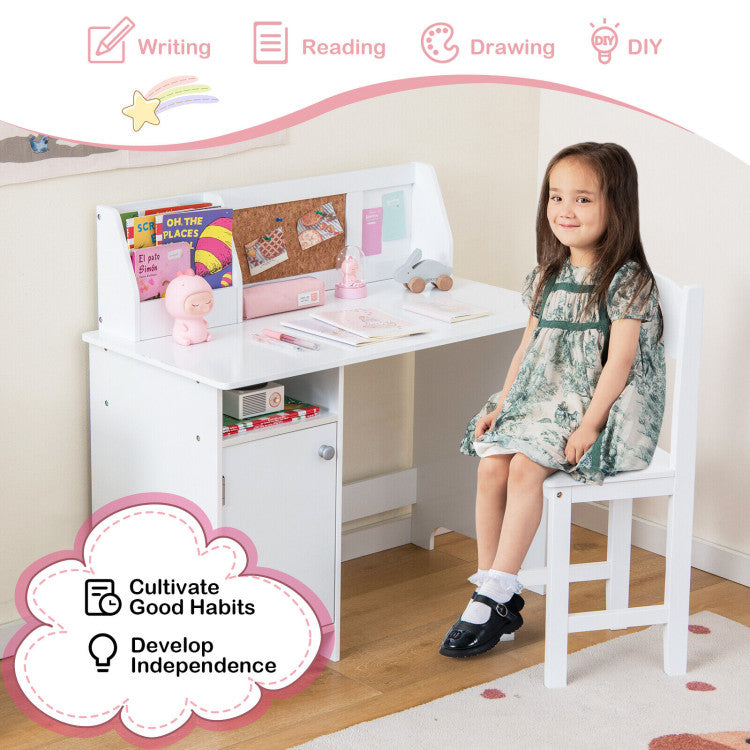 Kids Study Desk Chair Set with Storage Cabinet and Bulletin Board for Home and School