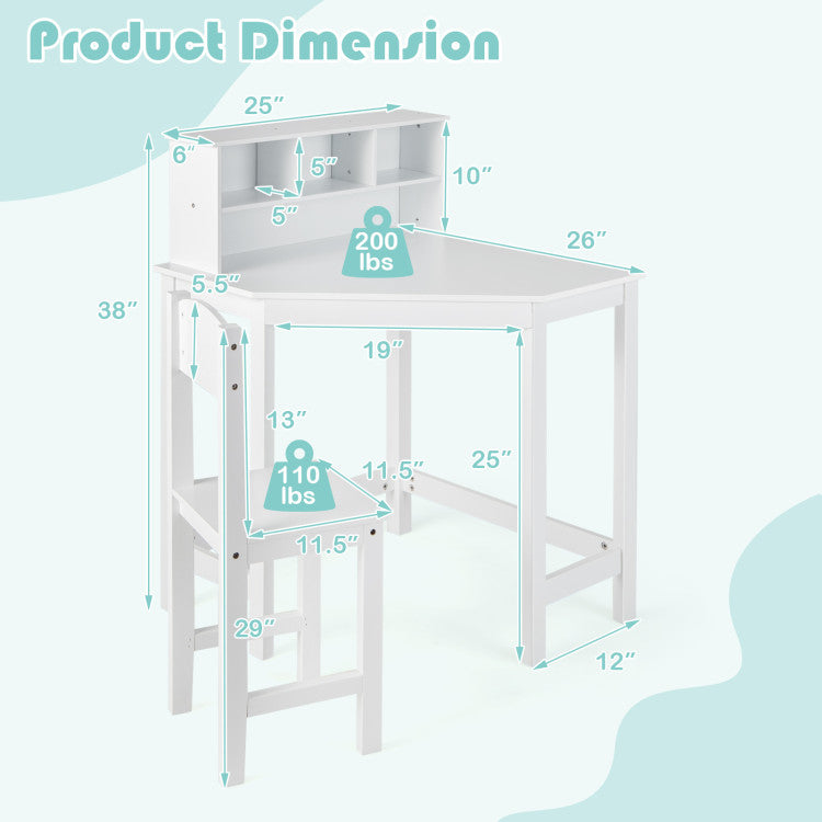 Kids Studying Writing Wooden Corner Desk Chair Set with Storage Cabinet