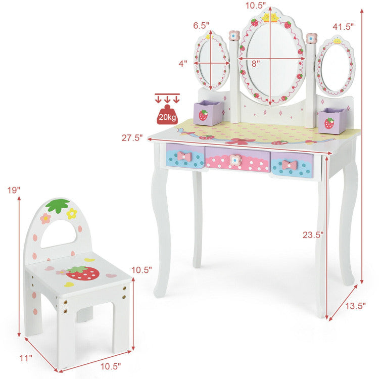 Kids Vanity Princess Makeup Dressing Table Chair Set with Tri-fold Mirror and Drawers