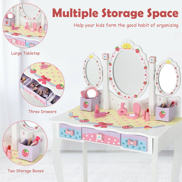 Kids Vanity Princess Makeup Dressing Table Chair Set with Tri-fold Mirror and Drawers