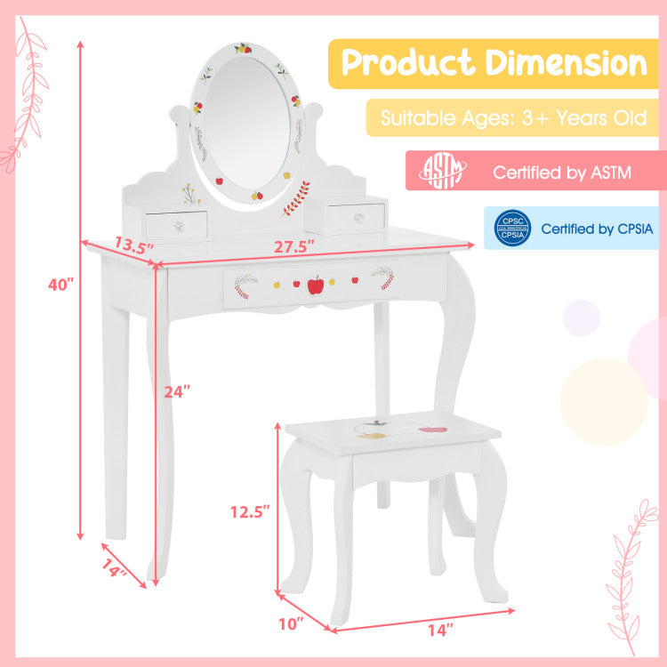 Kids Vanity Stool Set with 360° Rotatable Mirror and Whiteboard