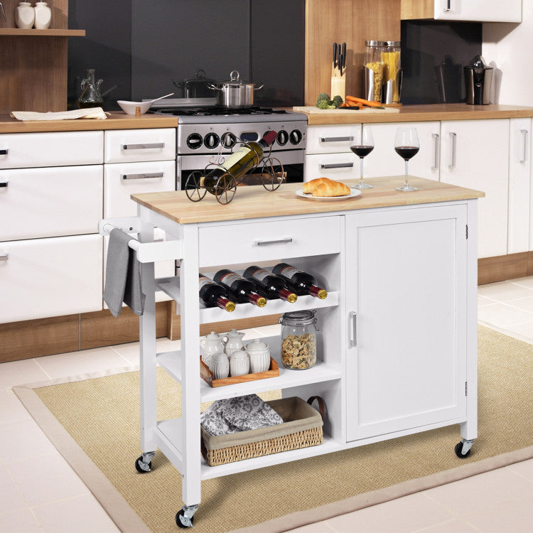 Kitchen Island Cart Rolling Wooden Trolley with 360-degree Rotating Wheels