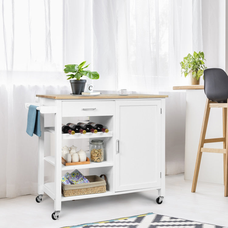 Kitchen Island Cart Rolling Wooden Trolley with 360-degree Rotating Wheels