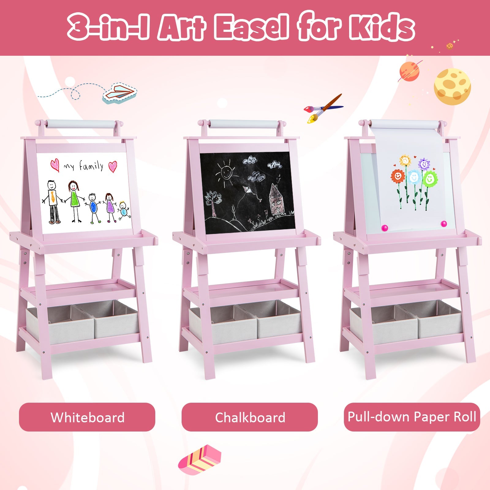 MDF Kids Art Easels with Storage Space and Chalk Board