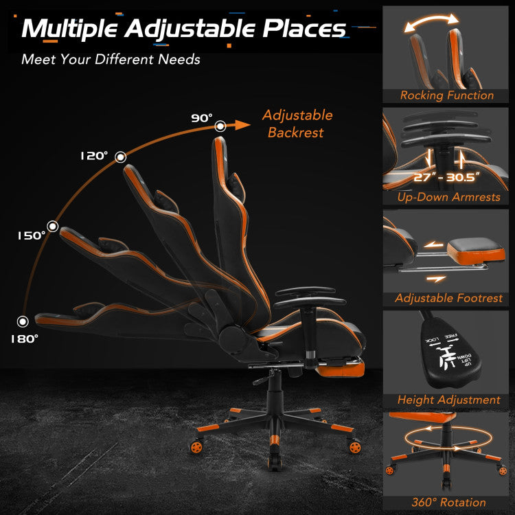 Massage Gaming Chair with Adjustable Footrest Lumbar Support and Headrest