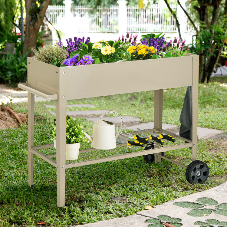 Metal Raised Garden Bed with Storage Shelf Hanging Hooks and Wheels