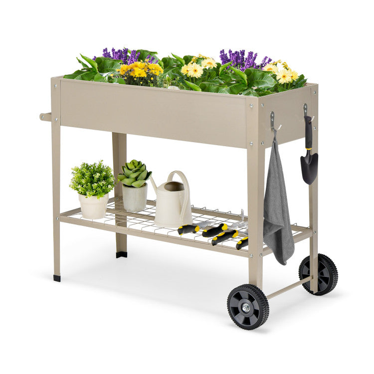 Metal Raised Garden Bed with Storage Shelf Hanging Hooks and Wheels