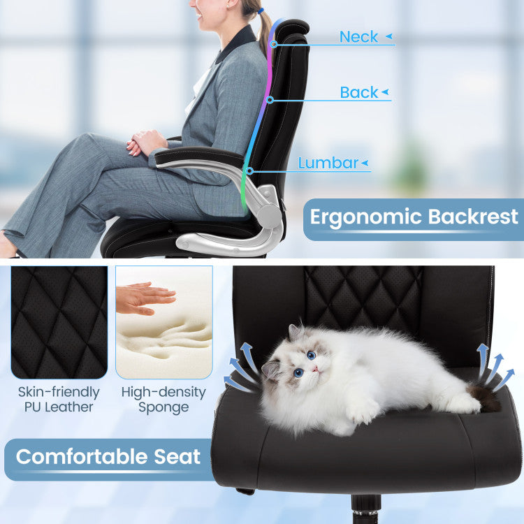 Modern Rockable PU Leather Office Chair with Adjustable Heights and Headrest