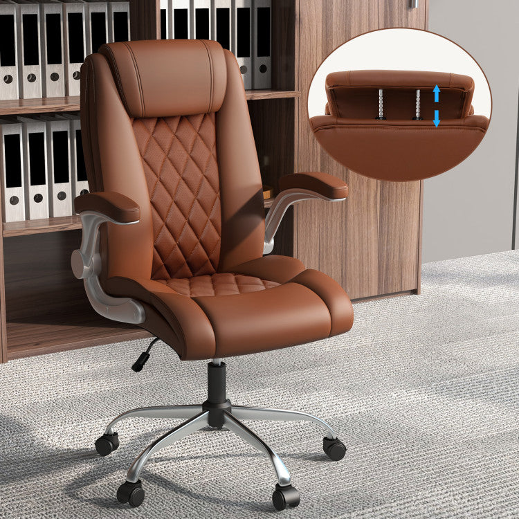 Modern Rockable PU Leather Office Chair with Adjustable Heights and Headrest