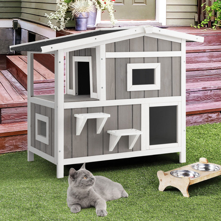 Outdoor 2-Story Wooden Feral Cat House with Escape Door for Feed and Play