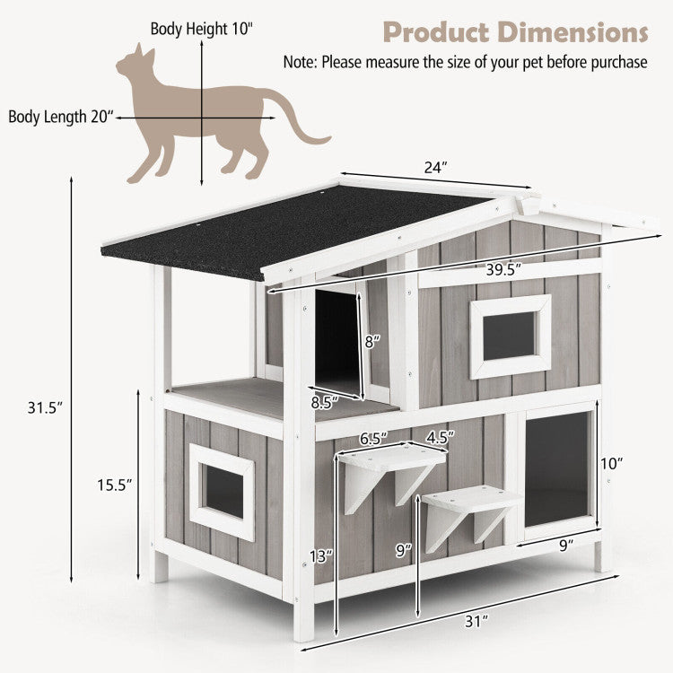 Outdoor 2-Story Wooden Feral Cat House with Escape Door for Feed and Play