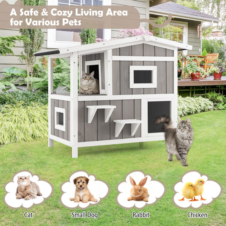 Outdoor 2-Story Wooden Feral Cat House with Escape Door for Feed and Play