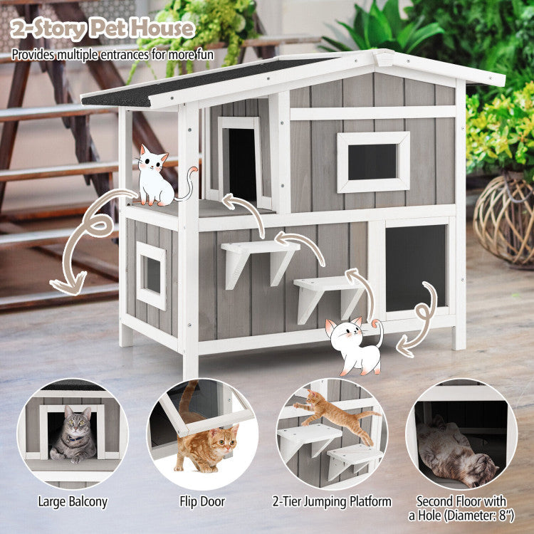 Outdoor 2-Story Wooden Feral Cat House with Escape Door for Feed and Play