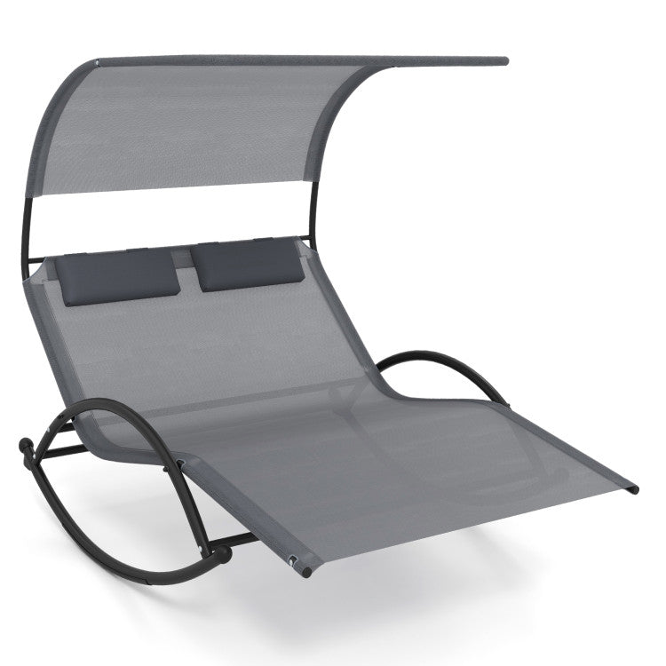 Outdoor Dual Rocker Sunbed 2-Person Canopied Patio Lounger with Detachable Headrests