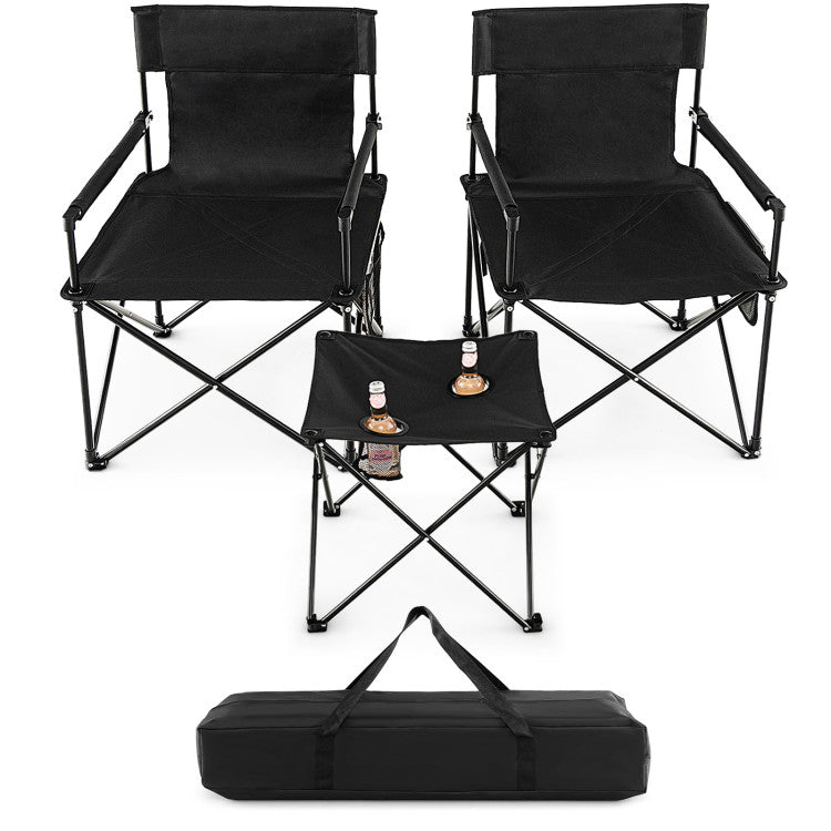 Outdoor Folding Camping Chairs and Table Set with Carrying Bag and Side Storage Pockets