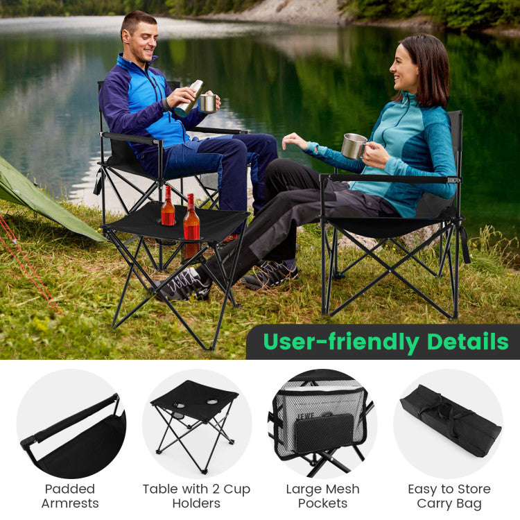 Outdoor Folding Camping Chairs and Table Set with Carrying Bag and Side Storage Pockets