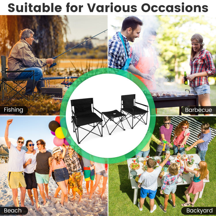 Outdoor Folding Camping Chairs and Table Set with Carrying Bag and Side Storage Pockets