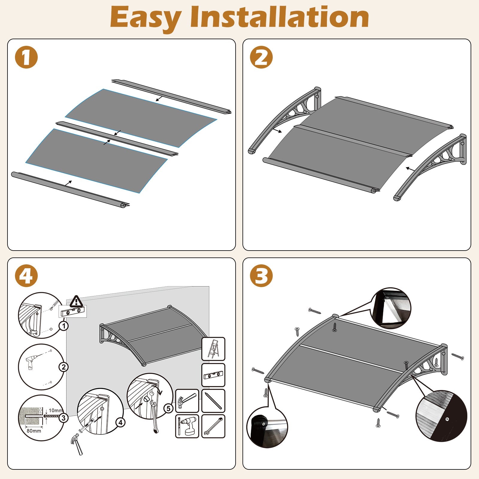 48 x 40 Inch Outdoor Front Door Window Awning Door Canopy Exterior