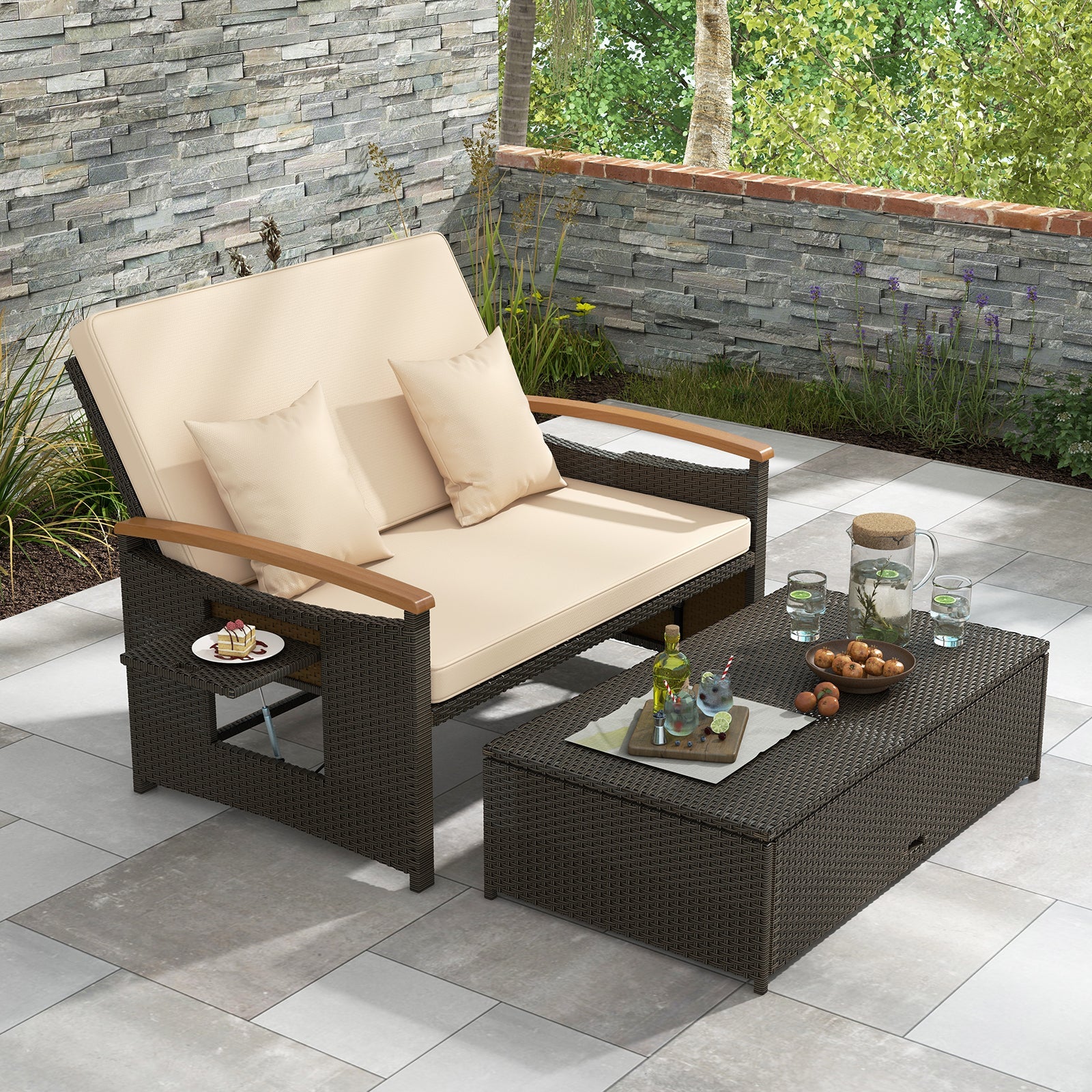 Adjustable Backrest Outdoor Wicker loveseat Daybed with Cushions and Storage Ottoman