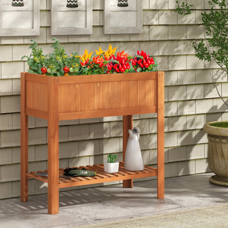 Outdoor Raised Garden Bed Fir Wood Planter Box with Bottom Storage Shelf