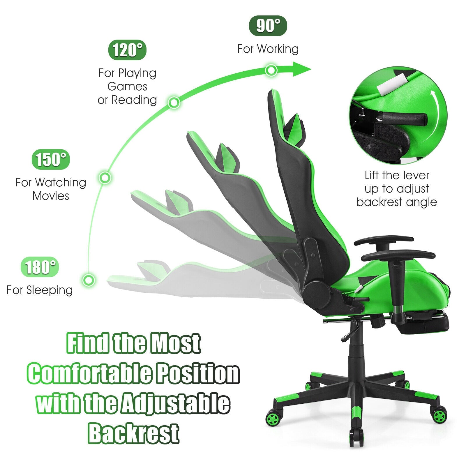 Adjustable Ergonomic Massage Gaming Chair with USB Massage Lumbar Pillow and Footrest