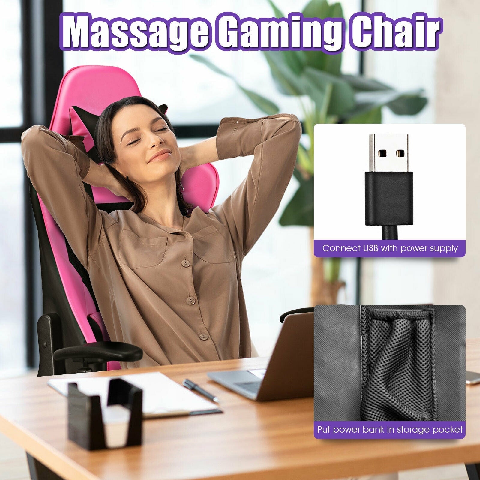 Adjustable Ergonomic Massage Gaming Chair with USB Massage Lumbar Pillow and Footrest