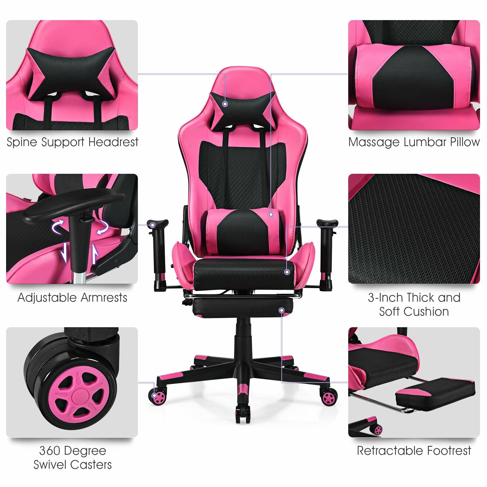 Adjustable Ergonomic Massage Gaming Chair with USB Massage Lumbar Pillow and Footrest