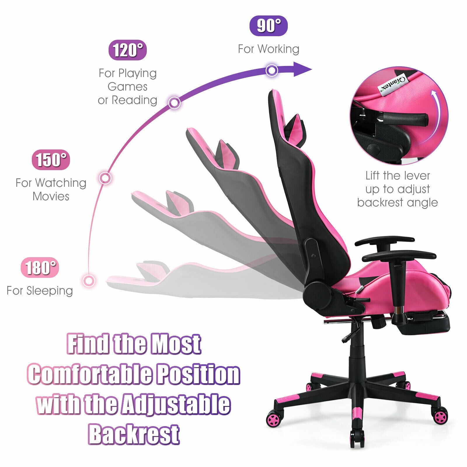 Adjustable Ergonomic Massage Gaming Chair with USB Massage Lumbar Pillow and Footrest