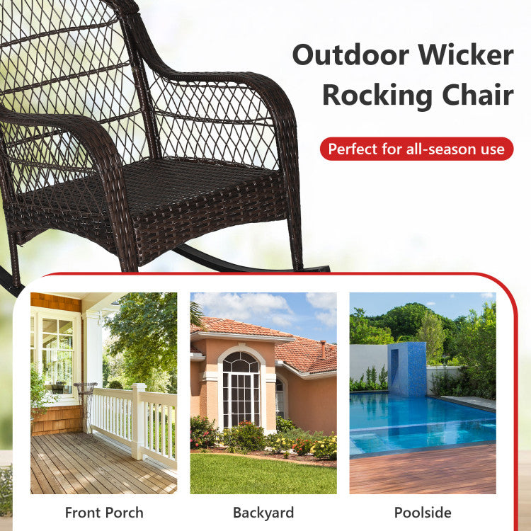 Patio Rattan Rocking Chair with Cushions and Waist Pillow for Backyard and Poolside