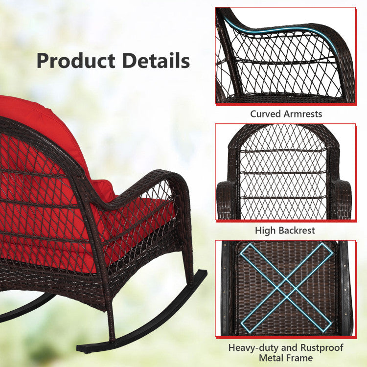 Patio Rattan Rocking Chair with Cushions and Waist Pillow for Backyard and Poolside