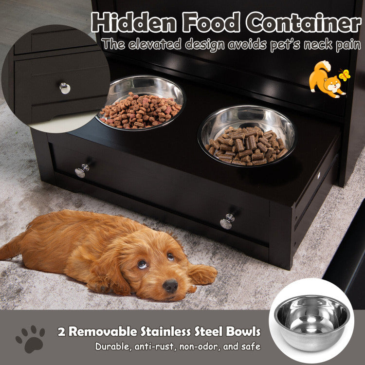 Pet Feeder Station with Stainless Steel Bowl and Hidden Food Container