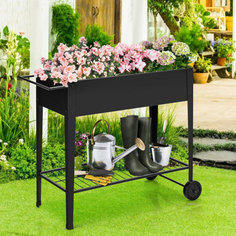 Raised Garden Planter Box with Non-slip Wheels and Storage Shelf