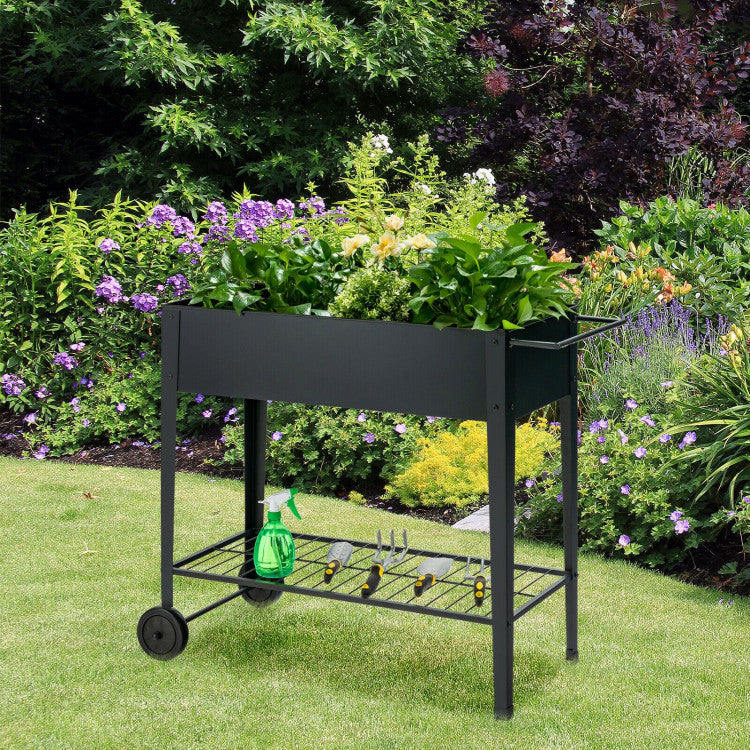 Raised Garden Planter Box with Non-slip Wheels and Storage Shelf