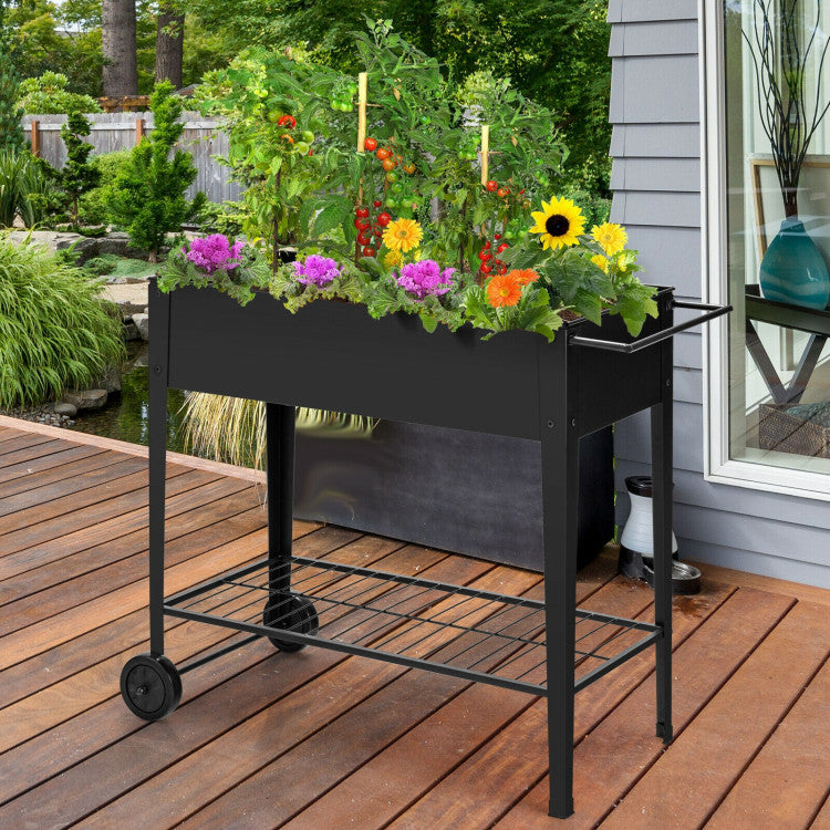 Raised Garden Planter Box with Non-slip Wheels and Storage Shelf