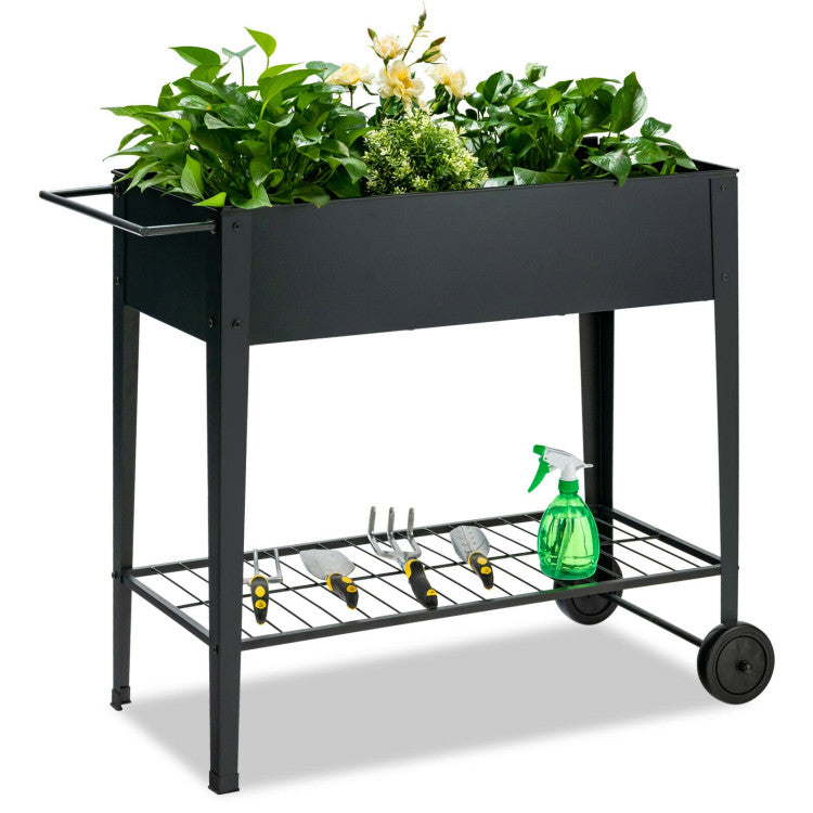 Raised Garden Planter Box with Non-slip Wheels and Storage Shelf