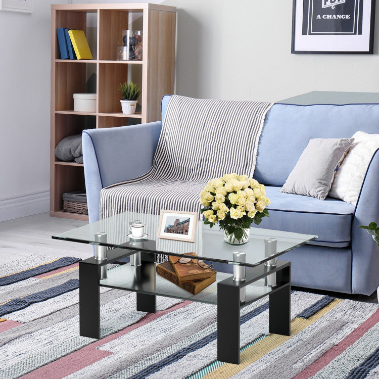 Rectangle Glass Coffee Table with Lower Shelf for Living Room & Office