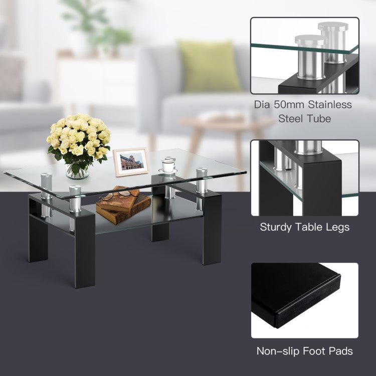 Rectangle Glass Coffee Table with Lower Shelf for Living Room & Office