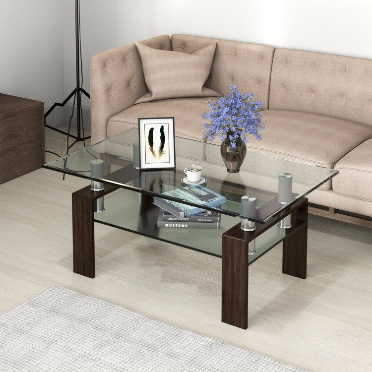 Rectangle Glass Coffee Table with Lower Shelf for Living Room & Office