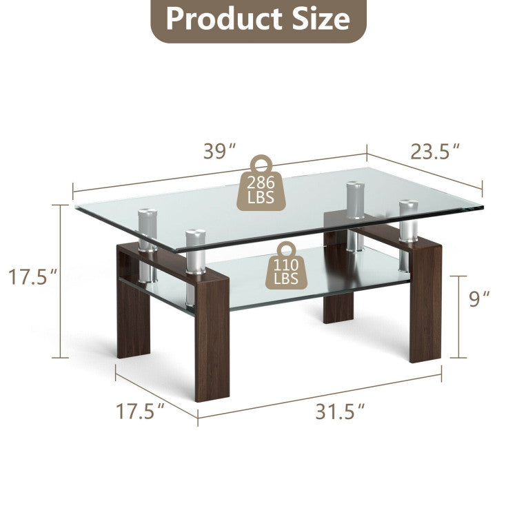 Rectangle Glass Coffee Table with Lower Shelf for Living Room & Office