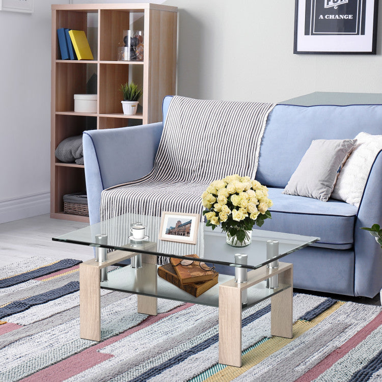 Rectangle Glass Coffee Table with Lower Shelf for Living Room & Office