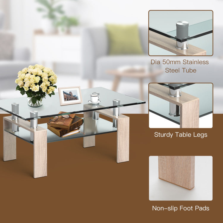 Rectangle Glass Coffee Table with Lower Shelf for Living Room & Office