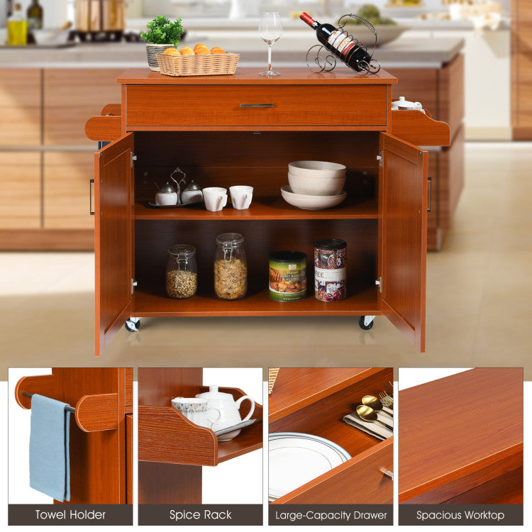 Rolling Kitchen Island Cart with  with Lockable Wheels and Spice Rack