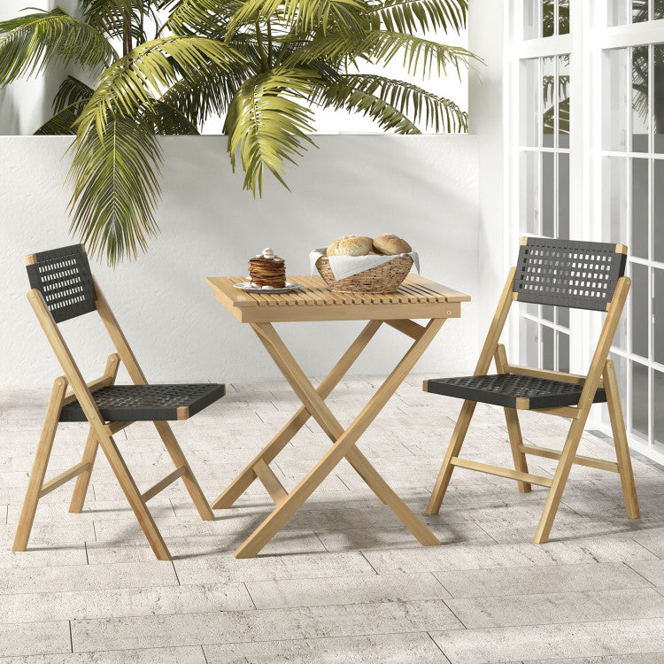 Set of 2 Folding Chairs Indonesia Teak Wood Dining Chairs with Woven Rope for Patio Garden