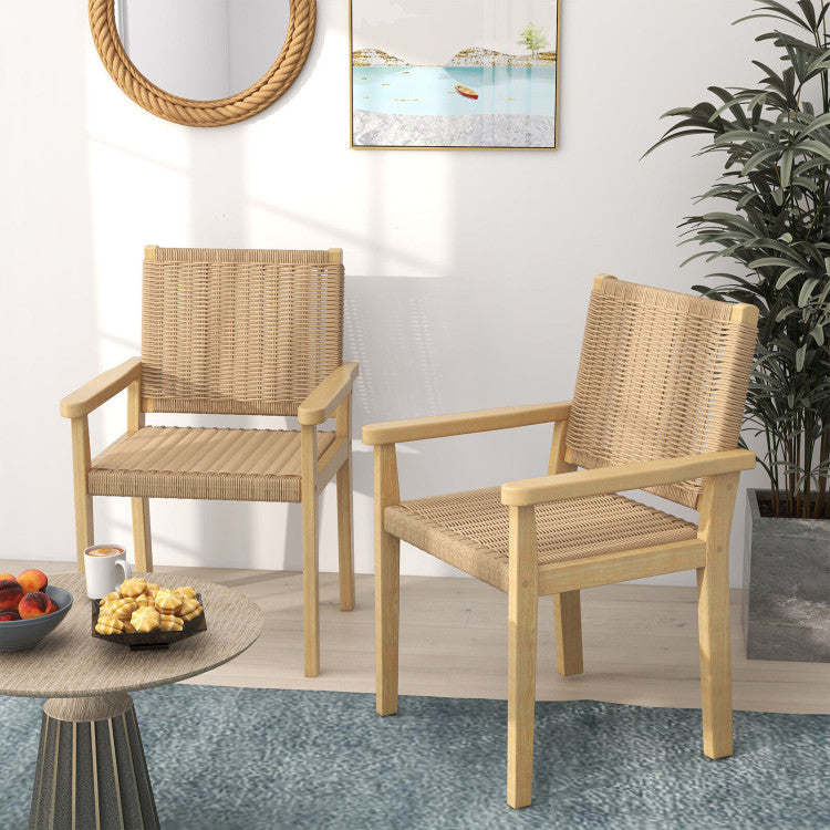 Set of 2 Indoor Outdoor Wood Chairs with Rope Woven for Living Room and Dining Room