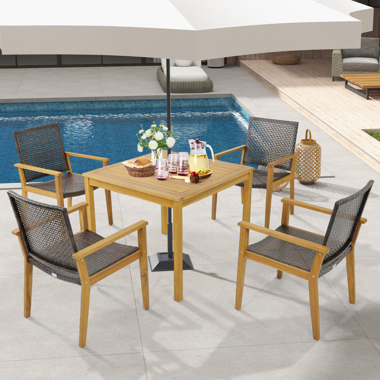 Set of 4 Outdoor Rattan Chair with Sturdy Acacia Wood Frame